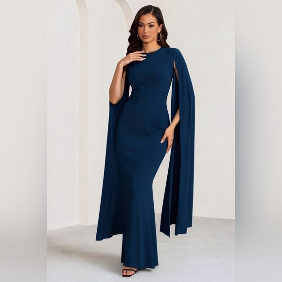 Club London Dresses & Skirts - Club L London Navy Blue Cape Sleeve Bodycon Dramatic Maxi Dress Women's Size 4